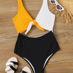 Yellow black and white one piece bikini